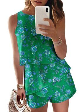 Women's Green Floral Summer Casual Ruffle Chiffon Polyester Sleeveless Romper